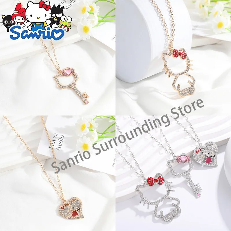 Sanrio Cartoon Hello Kitty Creative Key heart-shaped Necklace Y2k Light Luxury Diamond Hello Kitty Pendant Cute Girls Necklace