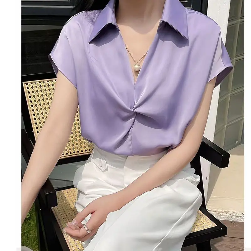 Temperament Pleated Shirt Tops Summer New Polo Neck Short Sleeve Loose Solid Color Youth Blouse Office Fashion Women Clothing