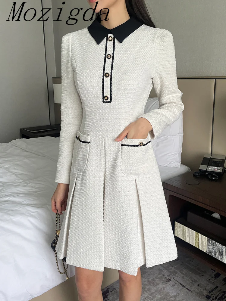 

Spring Long Sleeve Pleated Women Dress Hit Color Lapel Dresses Vestidos Double Pockets Mini Vestido High Waist Ropa Mujer