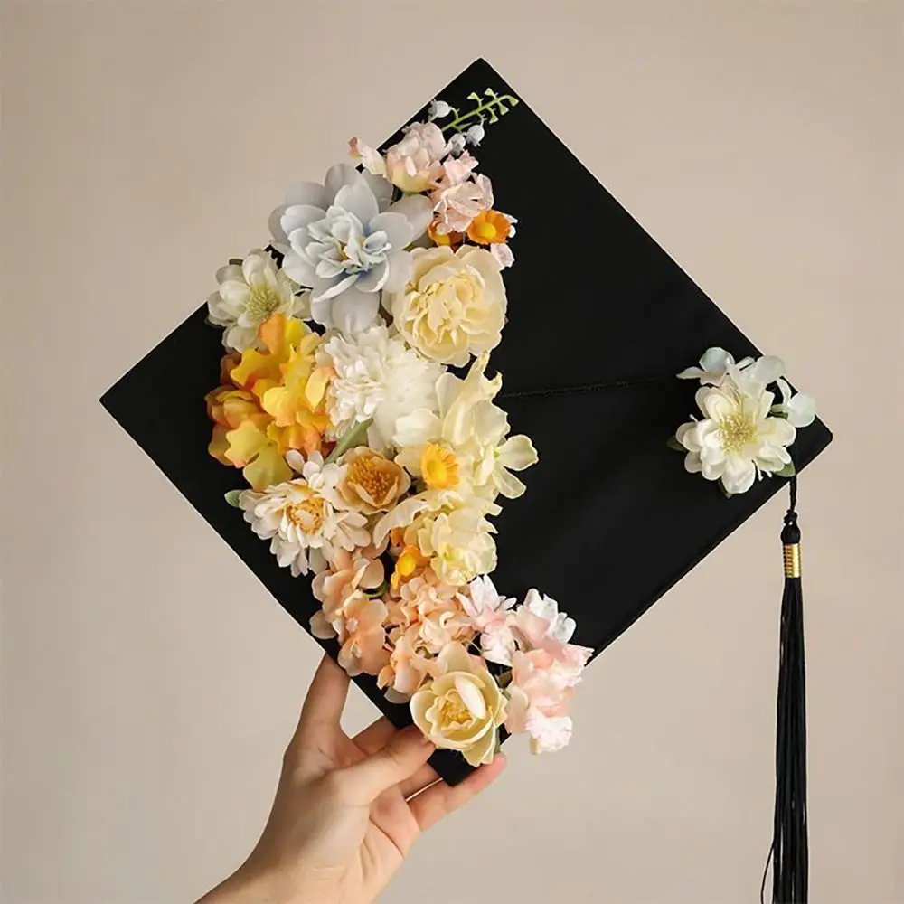 Durable Doctor Flowers Graduation Cap Master Adjustable Academic Hat with Tassels Bachelor Fringe Trencher Cap Student Supplies