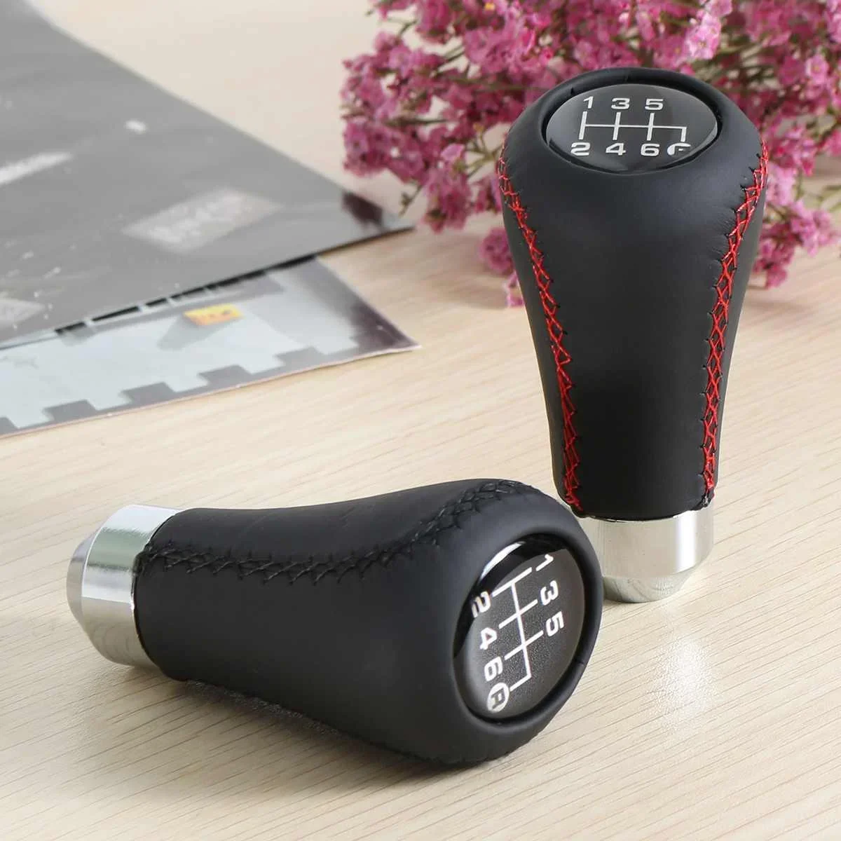 For VW/Toyota/Honda Car Manual Gear Shift Knob Shifter Lever Stick Universal 6 Speed Red Black Stitche PU Leather