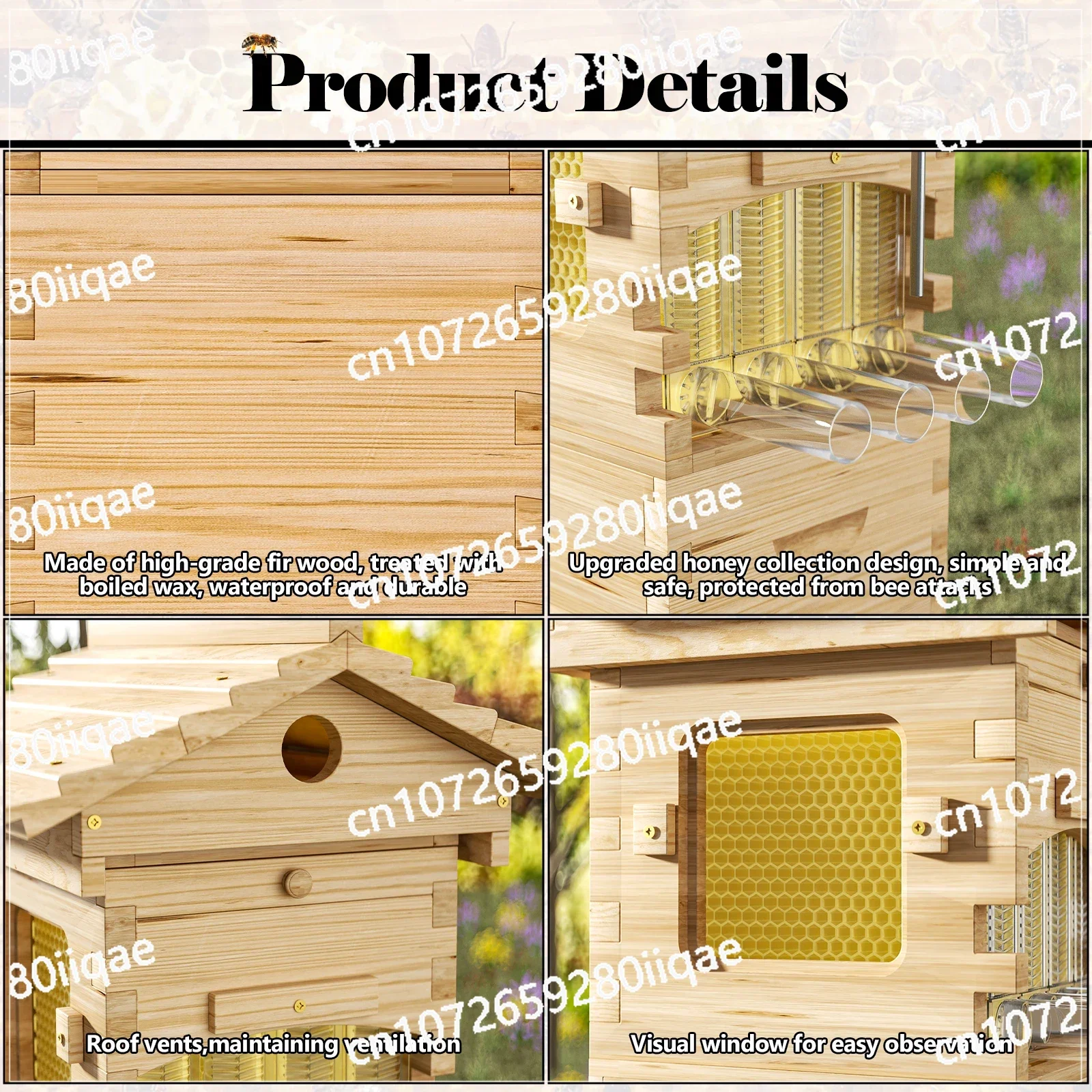 

Self-flowing Bee Box Auto Bee Hives Boxes Starter Kit with Beehive Frames,6 Brood Frames Honey Design Cedar Complete Kit 4Pcs
