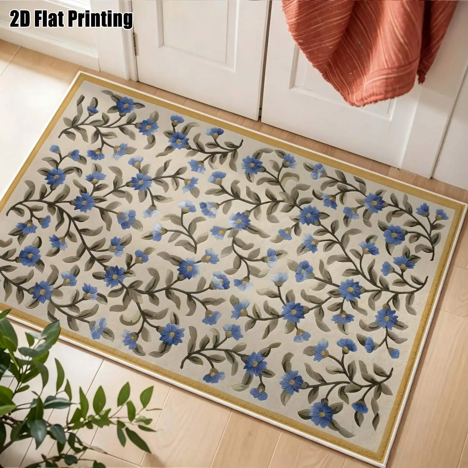 1Pc 2D Printed Velvet Carpet Blue Flower Green Leaf Nordic Instagram Modern Minimalist Vintage Home Decor Multi-Size Machine Washable for Entrance Dining Living Bedroom