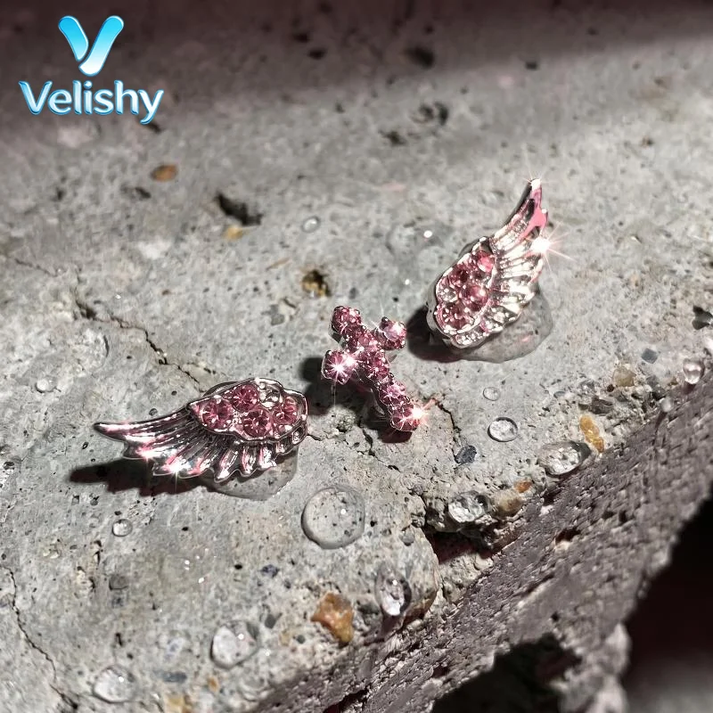Eye-catching Pink Zircon Wing Cross Star Earrings Set Vintage Punk Style 3/4Pcs For Events