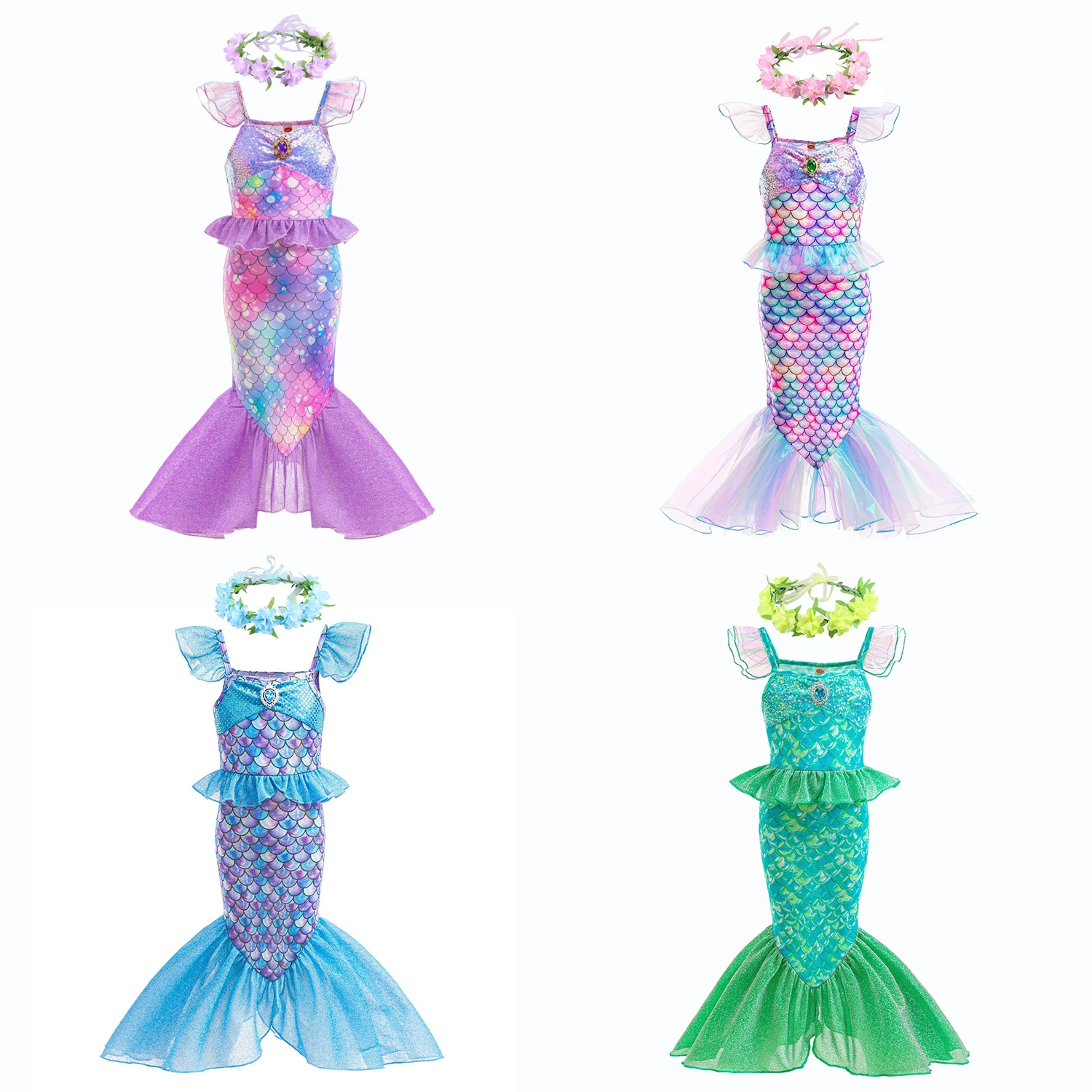 Girls Little Mermaid Ariel Costume Dress Scale Print Tulle Hem Mermaid Tail Dress for Birthday Party Beach Wear Swimming Dress
