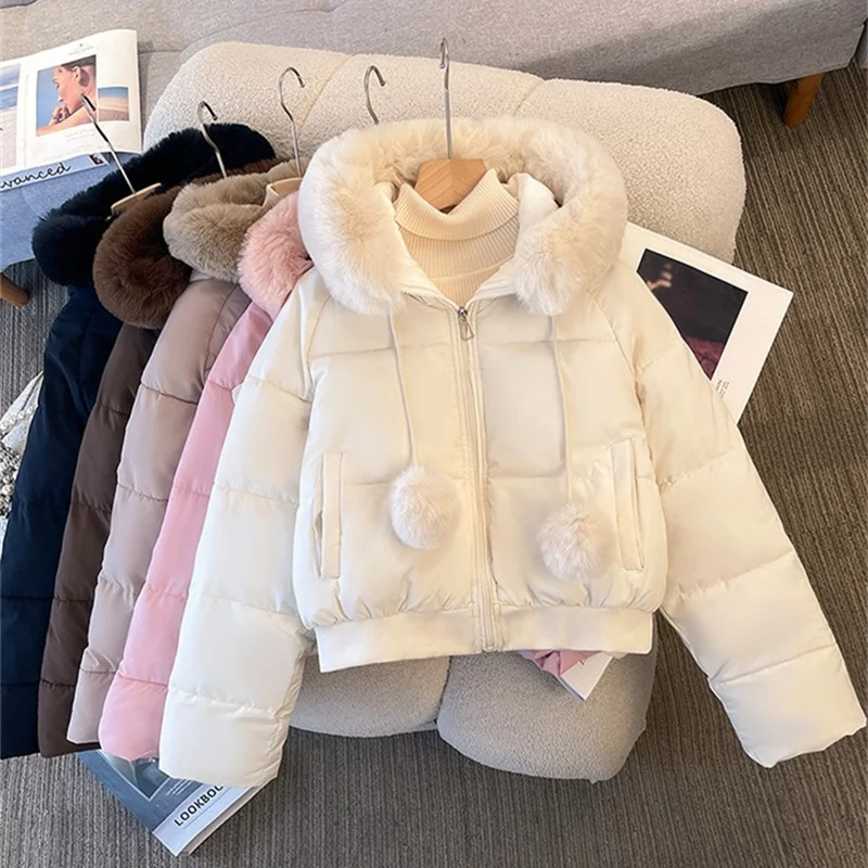 

2025 Fashion Hooded Down Cotton-padded Coat Women's Winter Short Jackets Big Fur Collar Streetwear Parkas Student Warm Outerwear