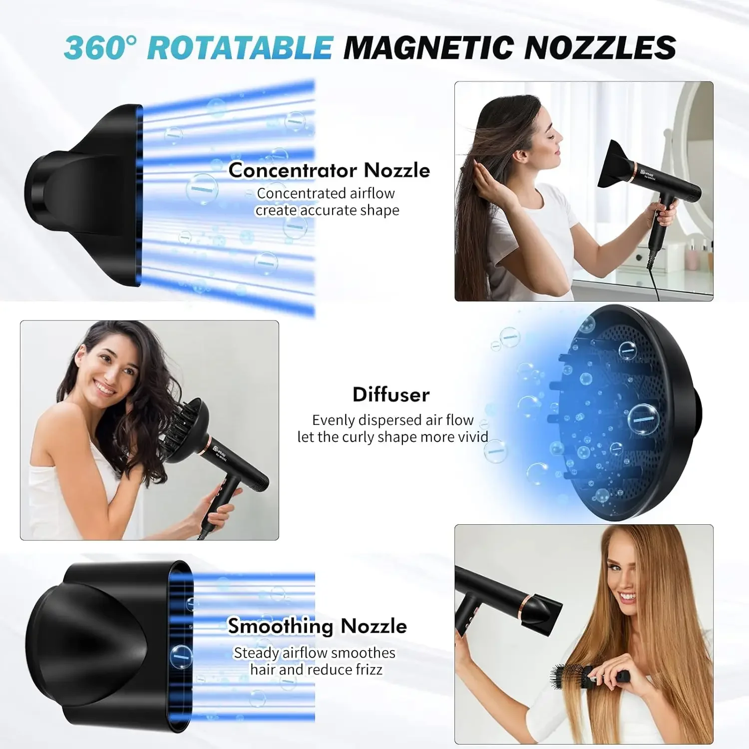 Ionic Hair Dryer, Professional Blow Dryer with 3 Attachments, 110000RPM High-Speed Motor for Fast Drying, Ligh