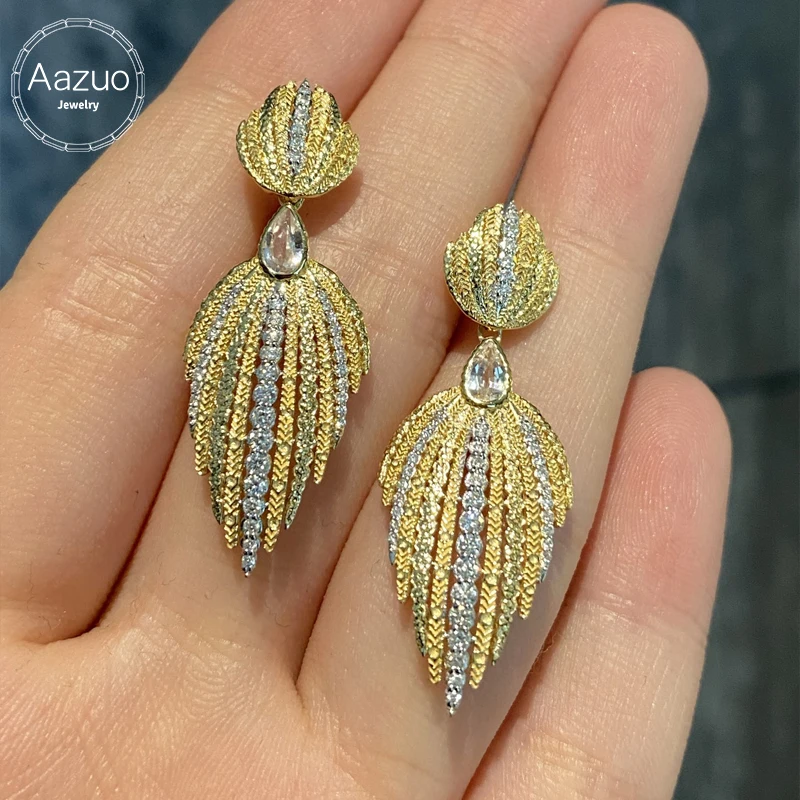 Aazuo Vintage Jewelry 18K Solid Yellow Gold Natural Diamonds Luxury Drop Earring Gifted For Women Advanced Wedding Party Au750