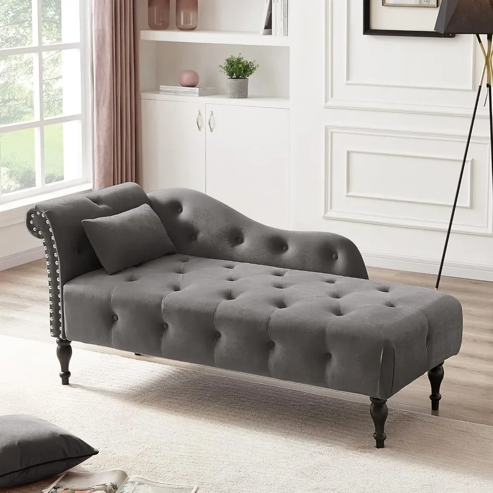 

Tufted Upholstered Velvet Rolled Arm Chaise Lounges Indoor Chair, Right Arm Facing Chaise Lounge with Nailhead Trim and 1 Pillow