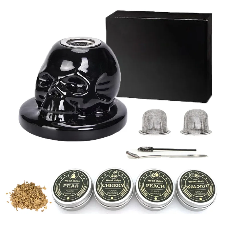 Skull Shaped Ceramic Cocktail Smoking Kit with 4 Flavor Wood Chips Set for Whiskey and Craft Cocktails Unique Gift for Bar Enthu