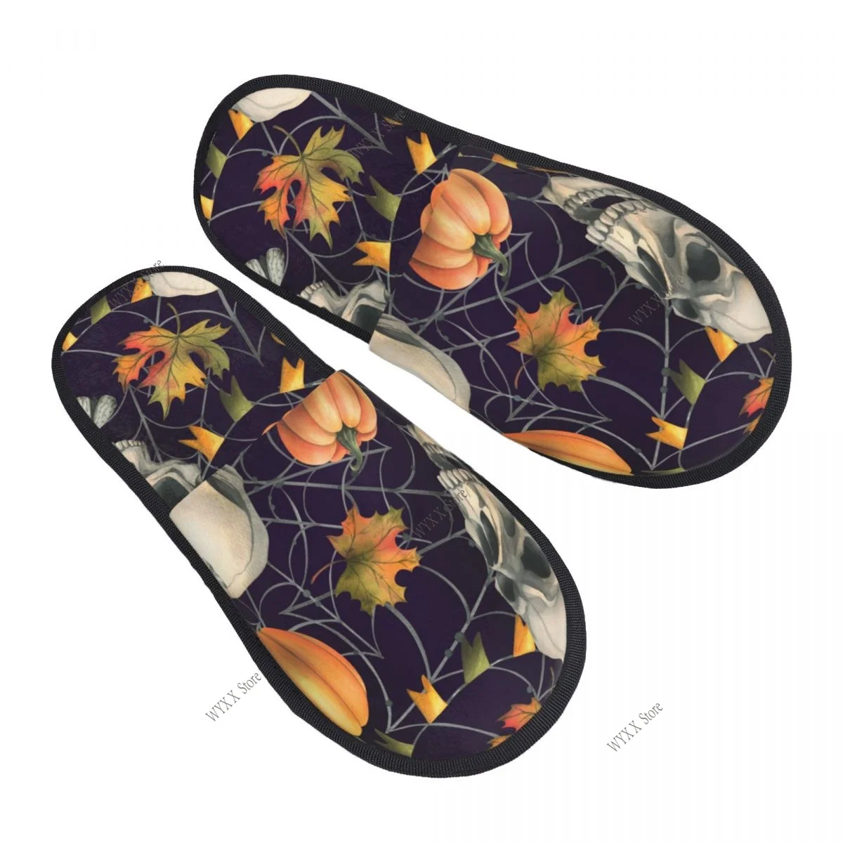 

Human Skull With Orange Pumpkins Home Slippers Winter Warm Plush Slippers For Winter Soft