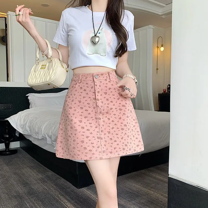 Korean A-Line High Waist Skirts Gentle Style Broken Flowers Spring Summer New Women's Clothing Pockets Sweet Printed Mini Skirts