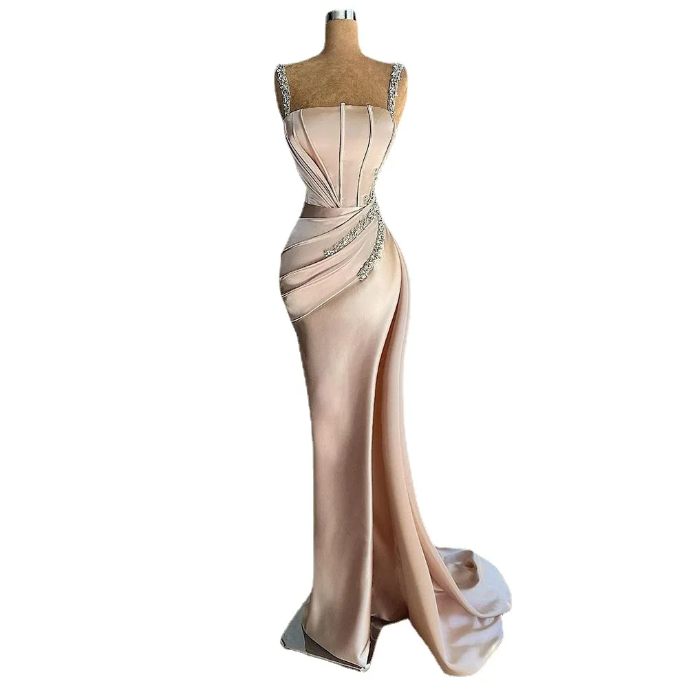 Satin Celebrity Dresses Champagne Pink Beading Mermaid Sequins Ruched Sexy Vintage Side Split Formal Prom Party Evening Gowns