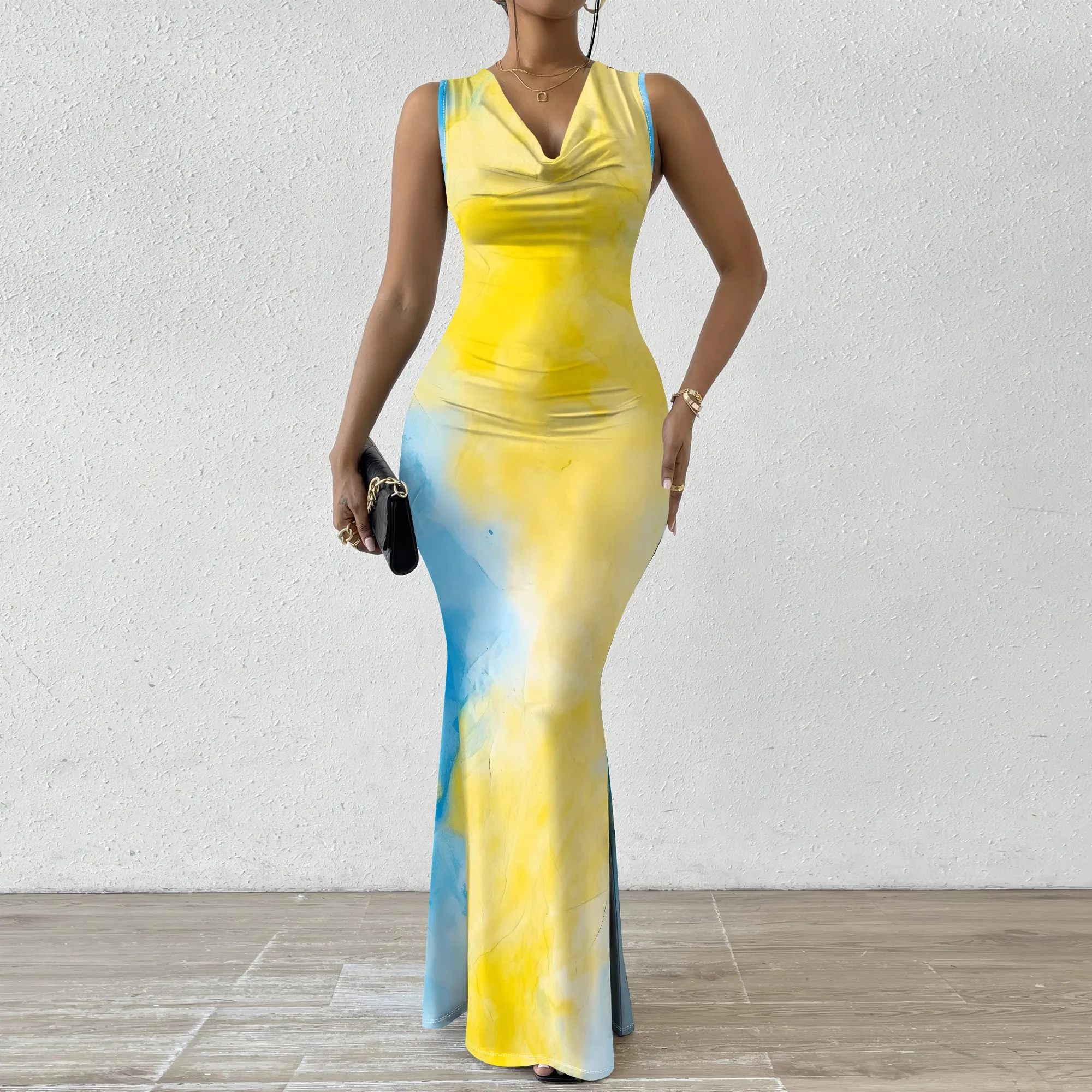 

Yellow Blue Watercolor Maxi Dress XS-2XL Sleeveless Cowl Neck Slim Fit Style for Spring Vacation, Art Show or Beach Dinner Look