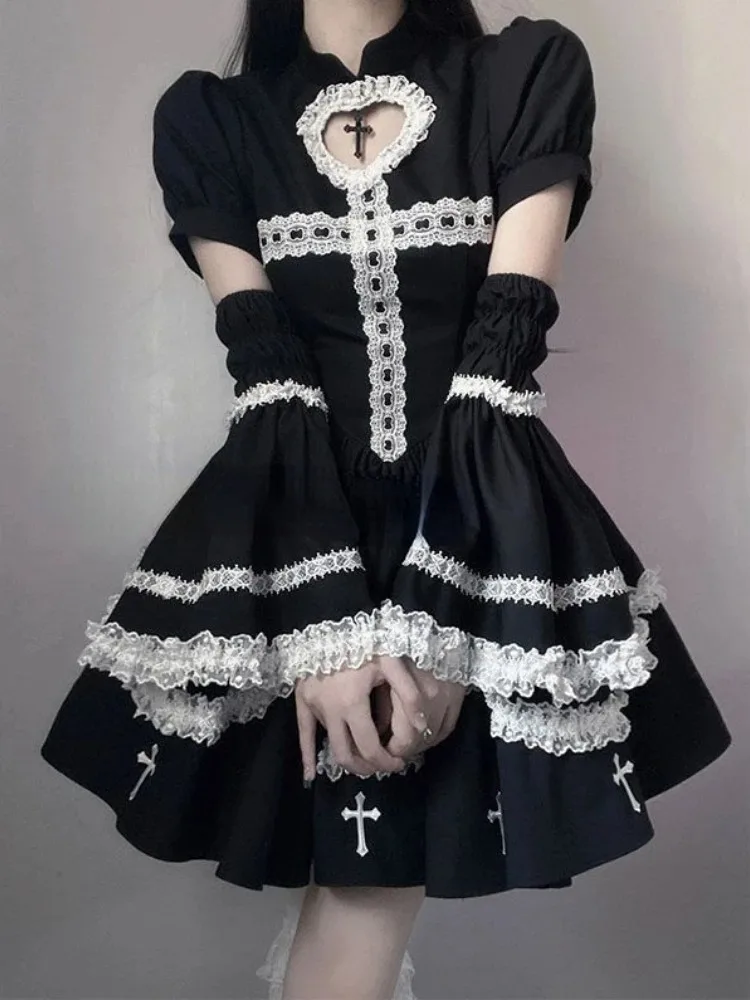 Autumn Japanese Style Gothic Cosplay Party Dress Women Long Sleeve Ruffle Lace Black Mini Dresses Y2k Vintage Lolita Dress New