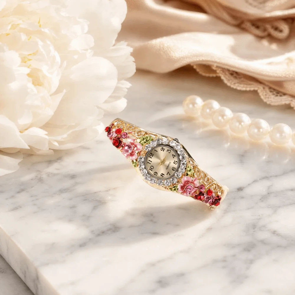 Rich In Flowers Vintage Watch Rhinestone Bracelet Round Dial Quartz Watch Versatile Design Crystal Jewelry