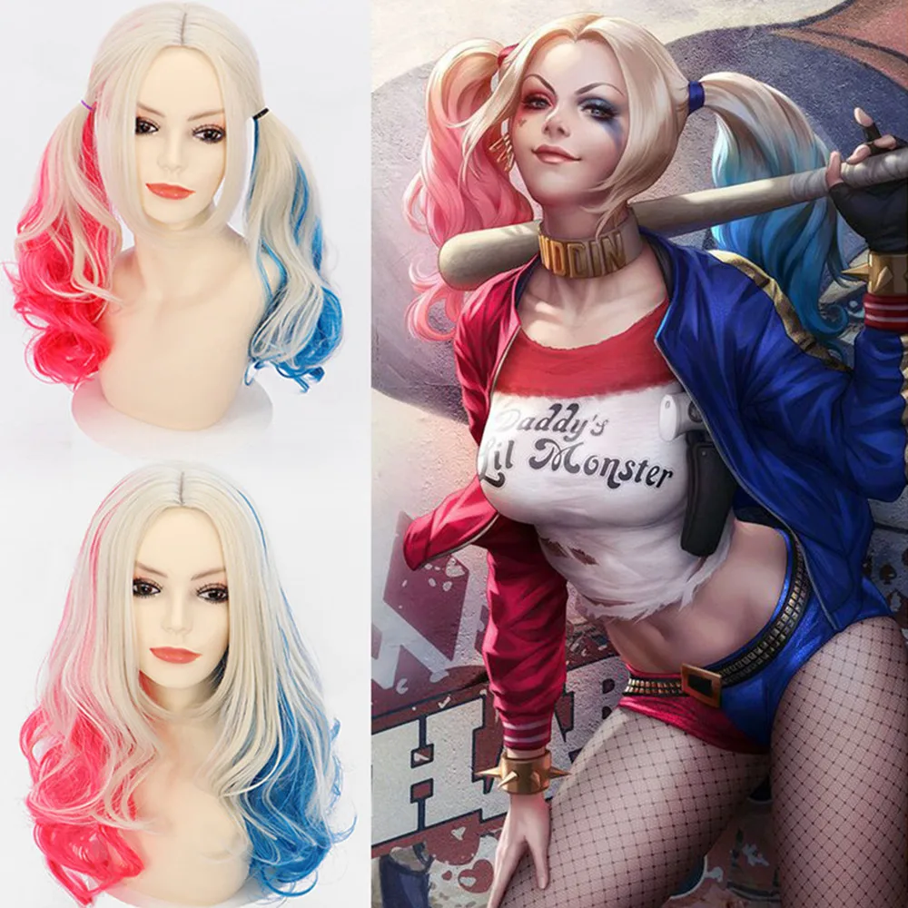 

Harley Quinn Отряд самогубцев Джокер Девушка Косплей Парик Розовый и синий двухцветный двойной хвост Средняя часть Длинные вьющиеся волосы на Хэллоуин