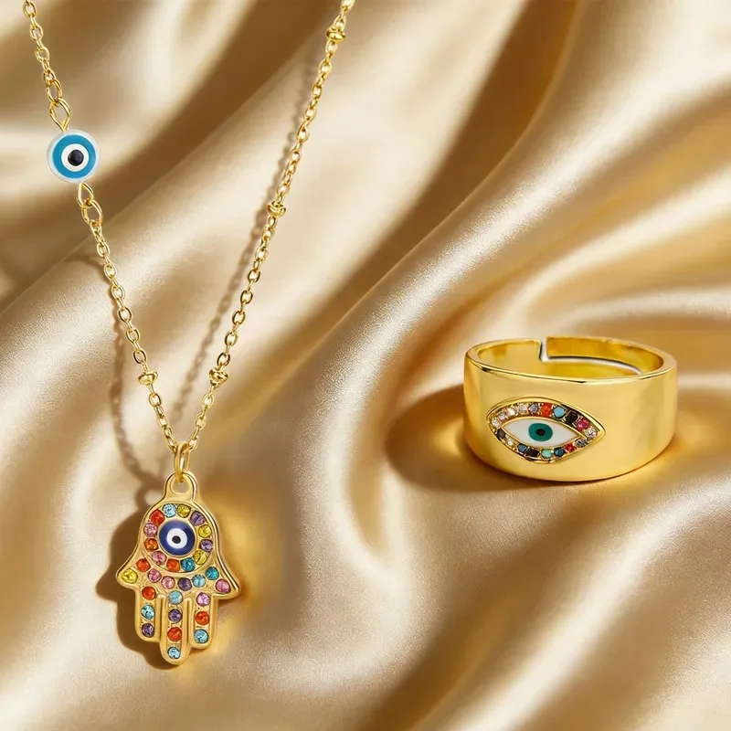 1-2PCS/Set Devil's Eye Jewelry Set For Women 18K Gold Plated Stainless Steel Evil Eye Necklace Ring Waterproof Non-Fading Unisex
