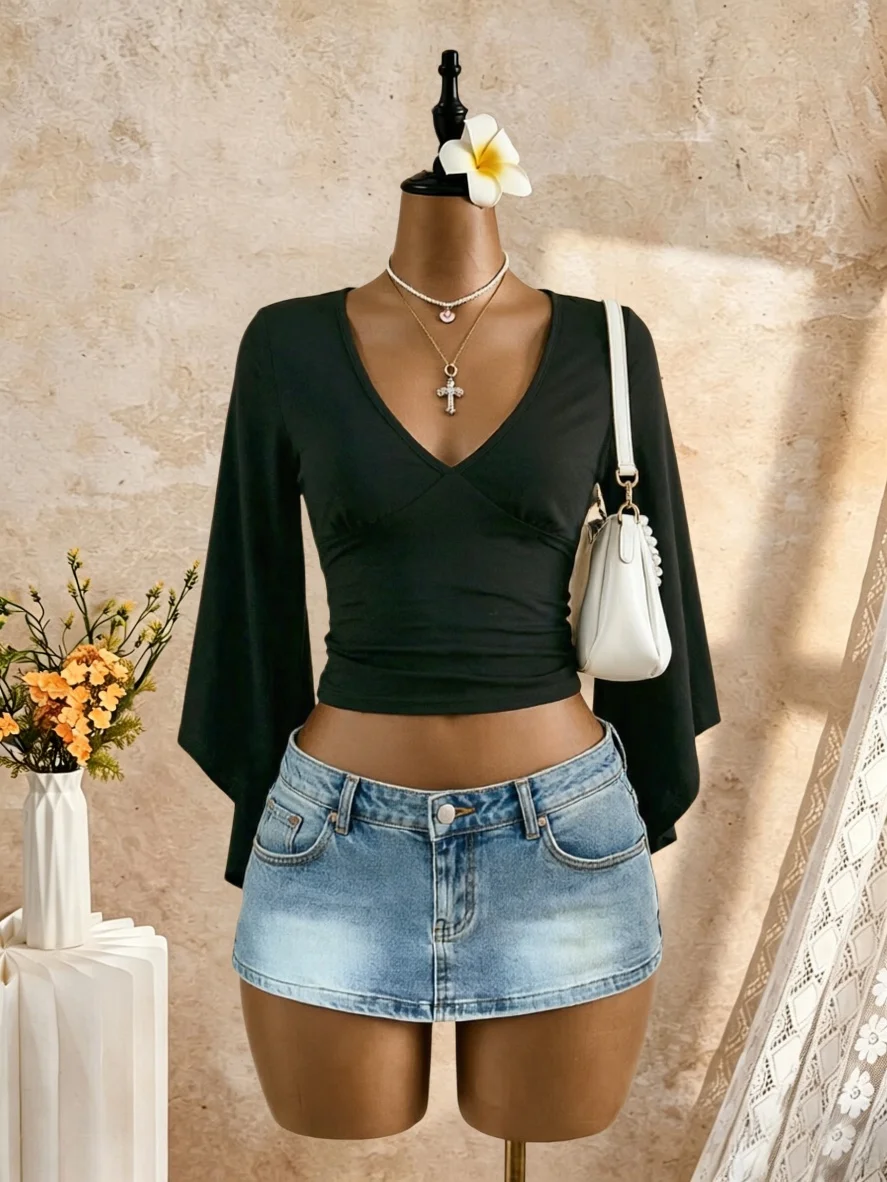 Women Surplice V‑Neck Flare Bell Sleeve Crop Top Wrap Front Slim Fit Short Blouse Casual Going‑out Daily Shirt