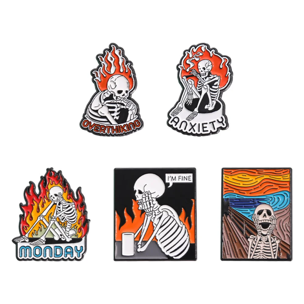 Oil Painting of A Skeleton on Fire Pin Skeleton Angry Thinking Anxiety Brooch Personalized Versatile Clothing Accessories Badges