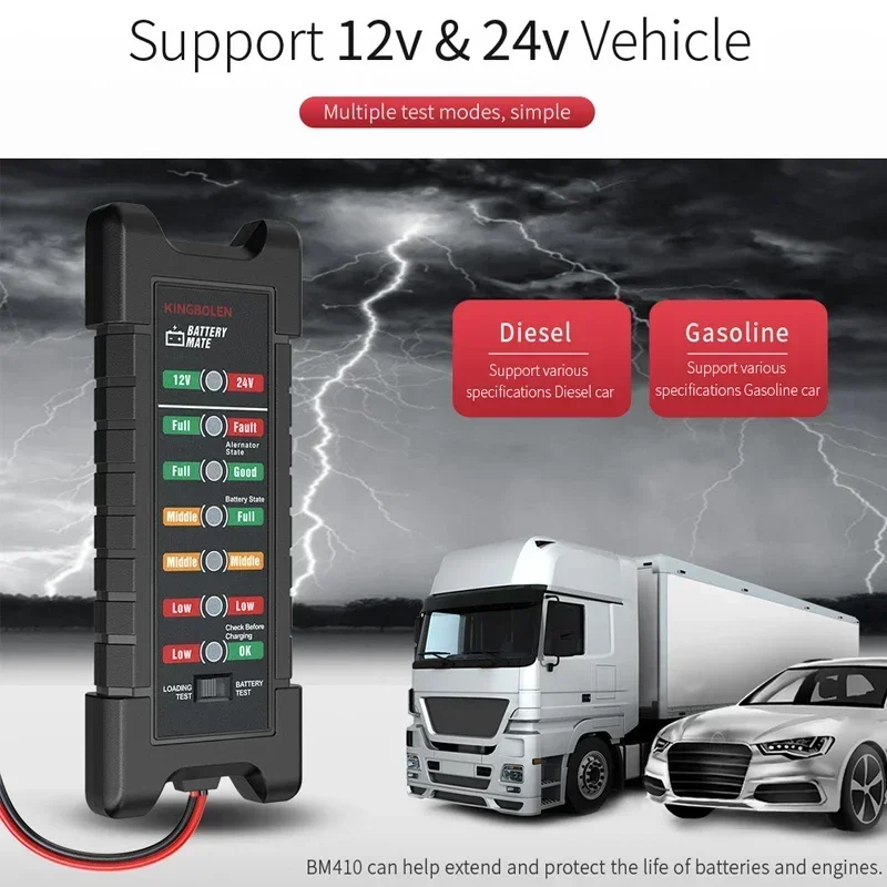 Tester batteria per Auto 12V/24V BM410 analizzatore di capacità con 7 luci a LED Display strumento diagnostico per Auto analizzatore Tester batteria