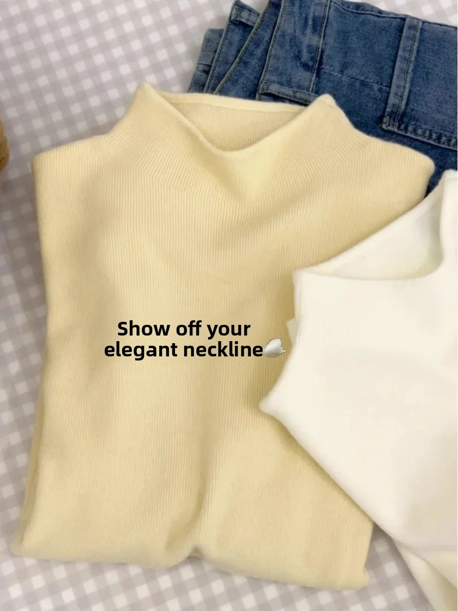 Chic Soft Knitted Half High Neck Pumpkin Orange Base Shirt Women's Inner Wear Top Korean Style Slim Fit Long Sleeve Polyester...