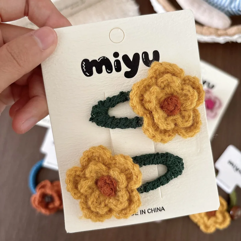 Hair Clips Hair Ties Kids Handmade Crochet Yarn Raised Flower BB Clip Retro Forest Side Bangs Headwear Autumn Winter