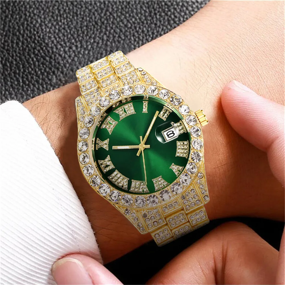 Fashion Business Diamond-Studded Men\'s And Women\'s Watches Roman Scale Calendar Hip Hop Watch Gold Green Full Diamond Watch