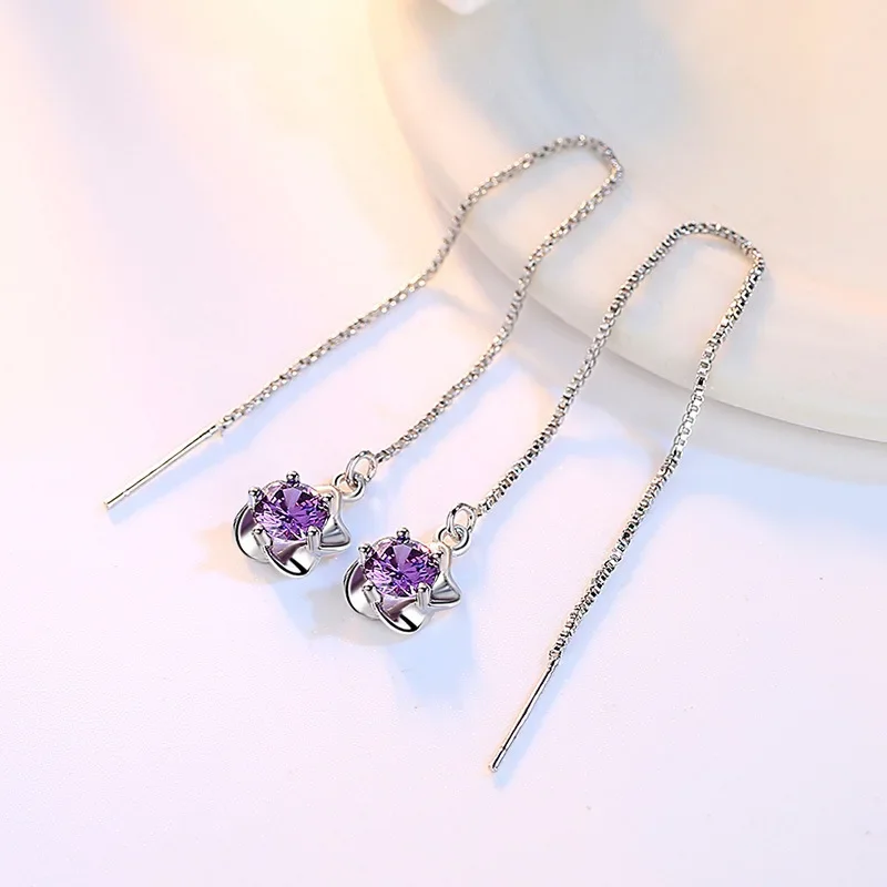 Long Chain Tassel Drop Earrings Purple Zircon Stone Flower Pendant Elegant Dangle Earring Piercing Line Jewelry Accessories Gift