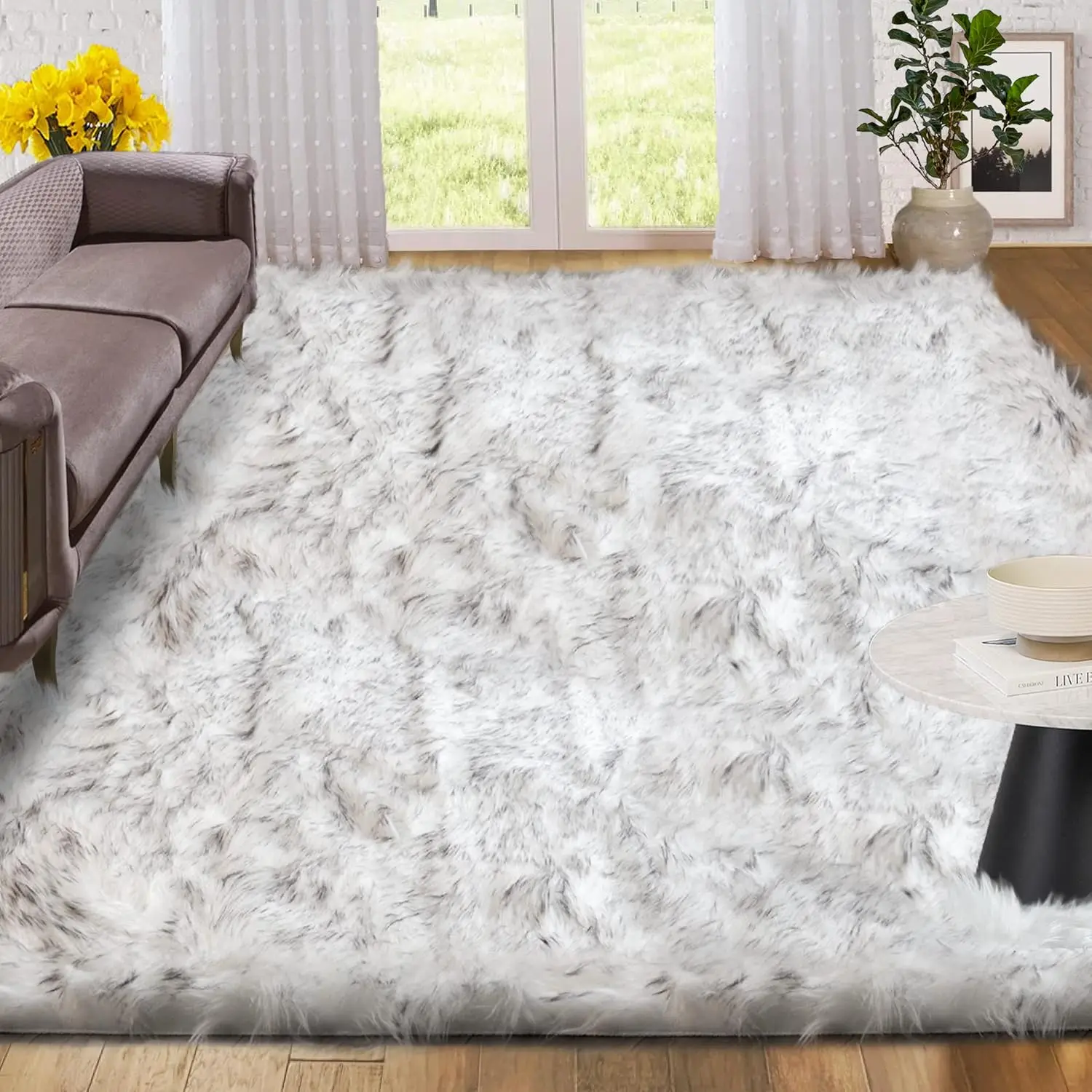 

White And Grey Area Rugs 9X12 Living Room Large Washable Faux Fur Rugs For Bedroom Nursery Shaggy Sheepskin Fur Rectangle Rug