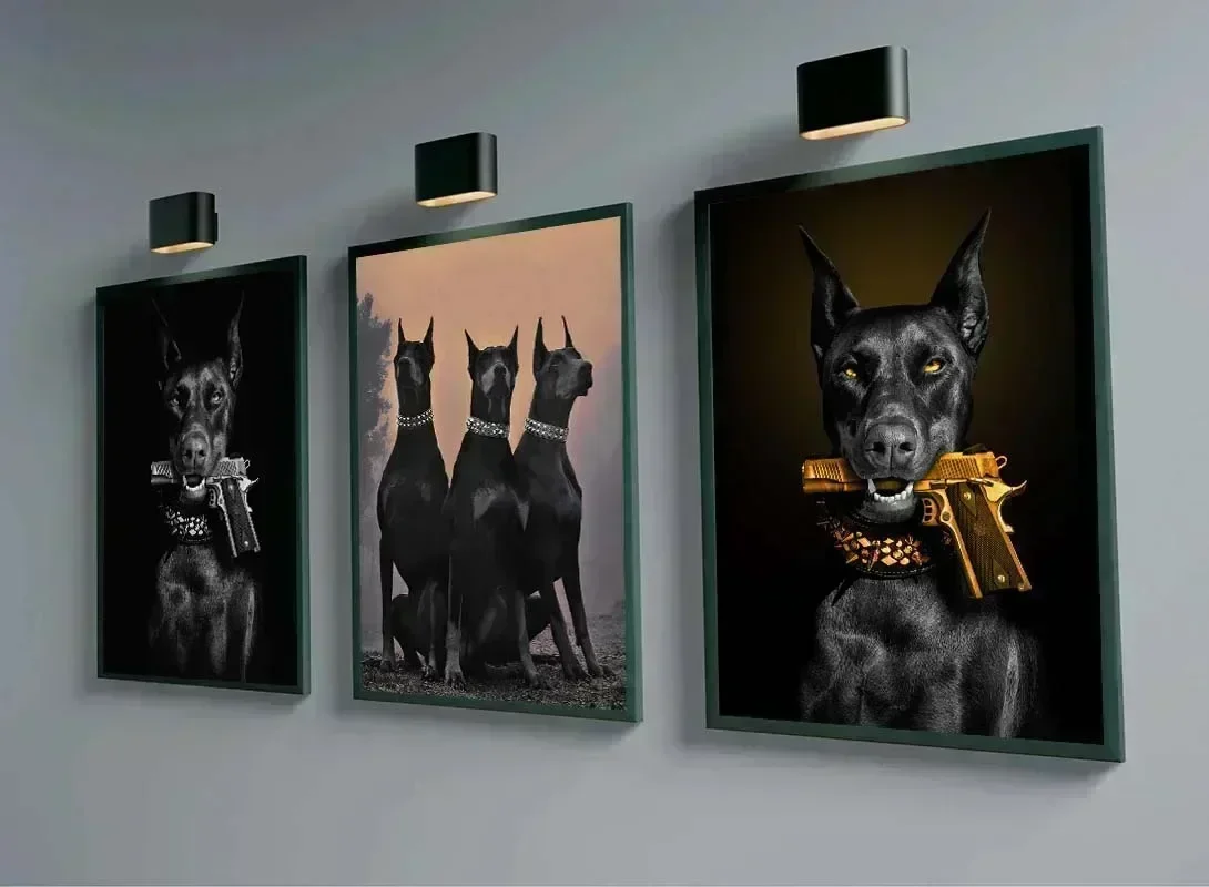 

Modern Fashion Black Doberman Dog with Golden Pistol Poster Canvas Painting Luxury Animal Wall Art Picture for Living Room Decor
