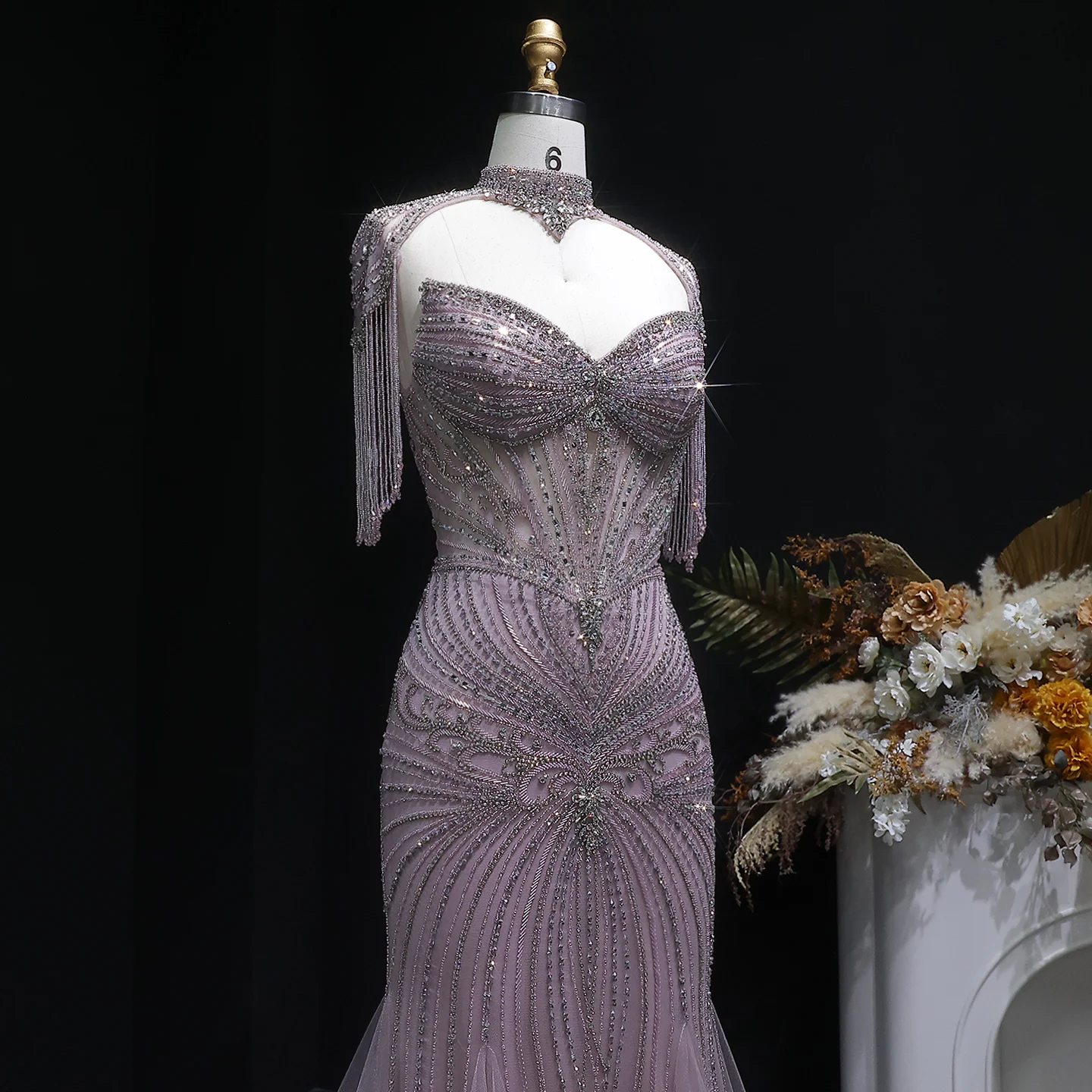 Sharon Said Elegantes Champagner-Meerjungfrauenkleid mit Cape-Ärmeln, Kristallperlen, Blaues Hochzeitskleid, SS021, Maßanfertigung – Detail 33