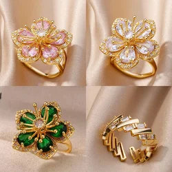 Pink Zircon Flower Rings for Women Gold Color Stainless Steel Ring 2025 Trend Elegant Floral Luxury Aesthetic Jewelry anillos
