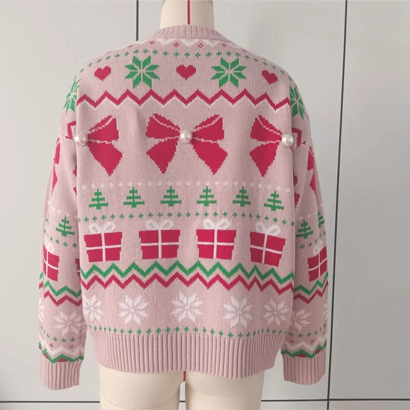 Women Christmas Knit Sweater Winter O-neck Xmas Gift Bow Snowflake Tree Pattern Pullover Ladies Casual Loose Party Jumper 6