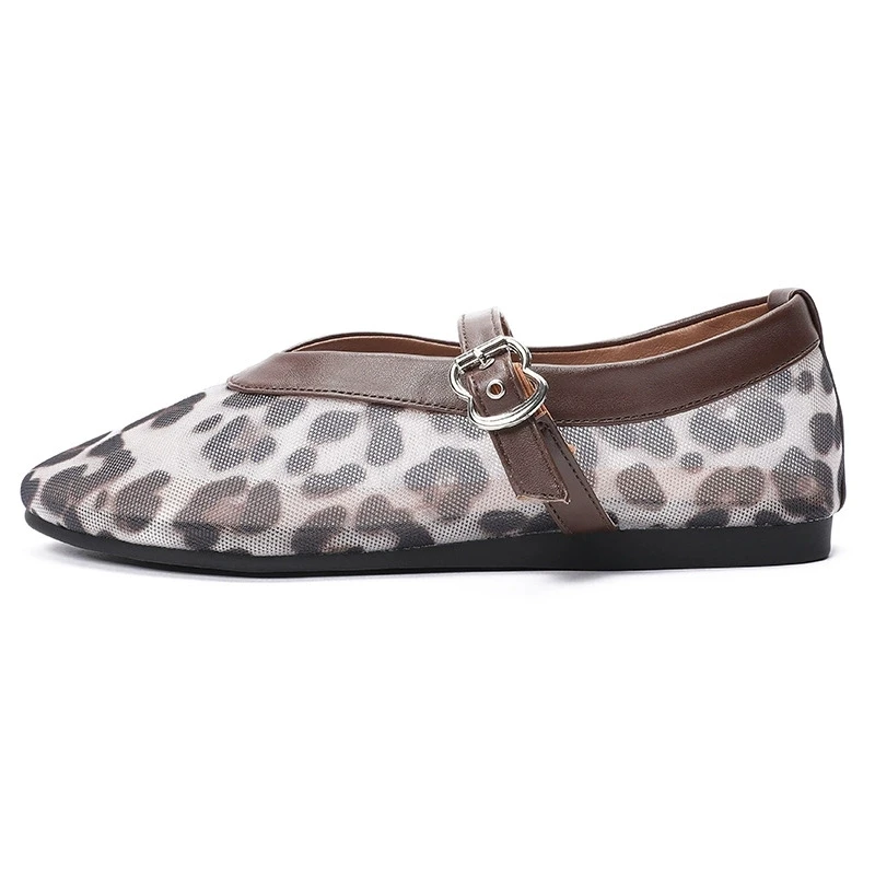 

European American Style Leopard Print Flat Shoes Ins Fashion Casual Women Shoes Breathable Mesh Round Toe Mary Jane Ballet Shoes