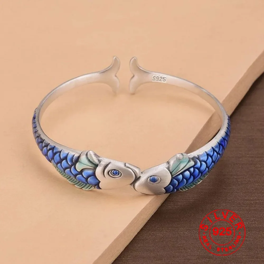 BFCLUB Silver Color Hiphop Thick Blue Fish Bracelet for Women Men Vintage Handmade Hasp Bracelet Birthday Gift