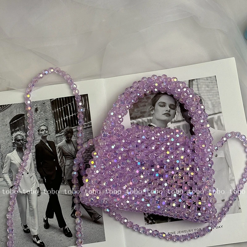 Summer Customized Fantasy Acrylic Bead Bag for Women Handwoven Cute Exquisite Luxury Shiny Handbags Crossbody Bling Bags