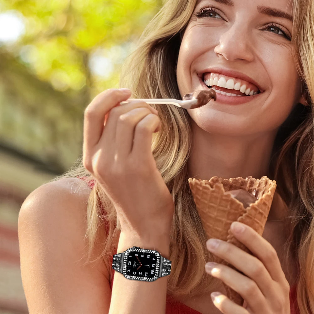 Women's Diamond Case + Strap For Apple Watch Band 45mm 41 44 40 38 42mm Metal Bracelet Protective Cover iWatch Series9 7 6 SE 8