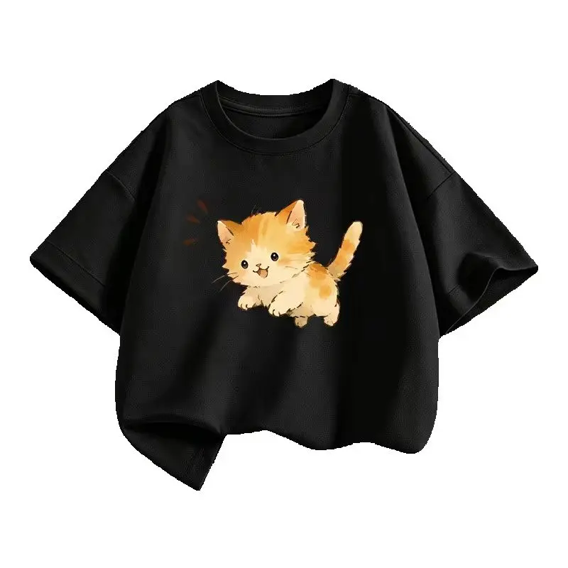 Cartoon Kitten Printed Children's T-shirt  Style Children's Pure Cotton Top Fashionable Round Neck Parent-child Summer Outfit