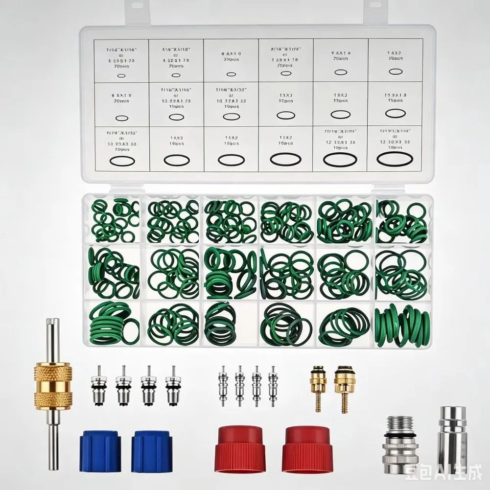 17PCS Car AC Valve Core Kit + 270PCS Automotive Air Conditioning Rubbber O-Ring Seal Gasket Washer Set Repair Kit