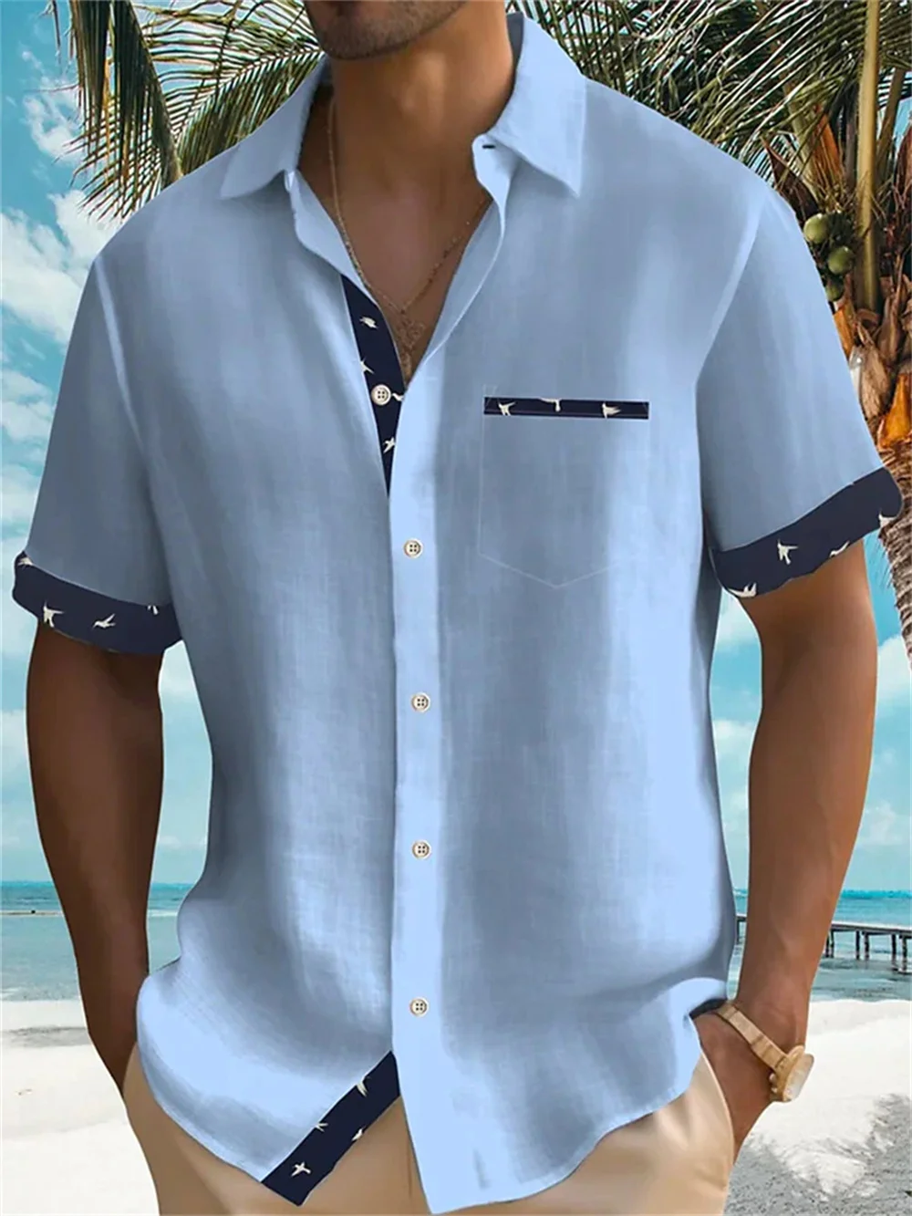 2023 Summer New Men\'s Aloha shirt Casual Fashion Street High Quality Short Sleeve Beach Holiday Party Men\'s Pocket Solid Shirt