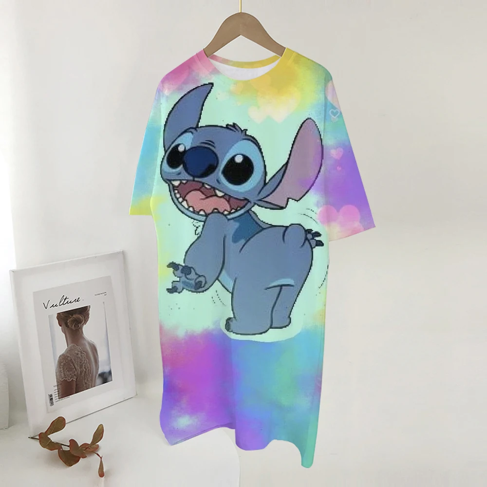 ディズニーステッチプリントドレス女性かわいい漫画半袖 O ネック Tシャツドレスファッション睡眠スカート毎日の基本的なドレッシング