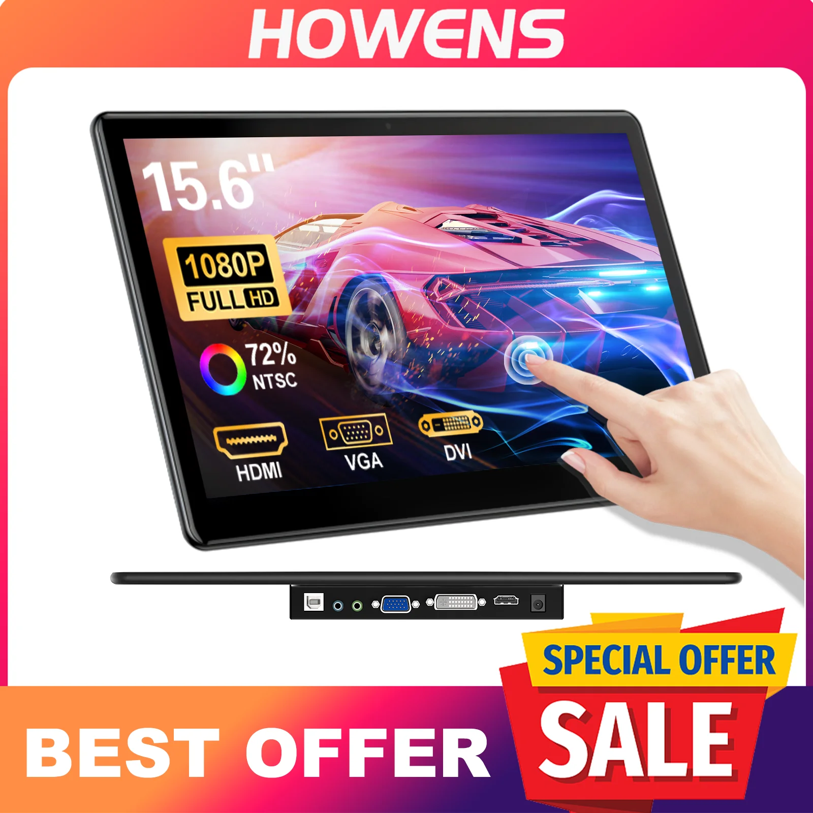 

HOWENS 15.6 inch Monitor Industrial Touchscreen 1920x1080 Laptop Display HDMI 75x75 VGA BNC AV USB PC Extra Second Screen