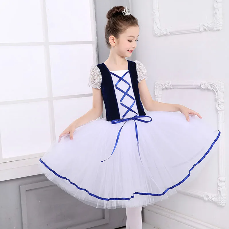 ニューロマンティックチュチュジゼル白鳥の湖バレエ衣装女の子子供ロングチュールダンススケートバレリーナドレスパフスリーブレースドレス