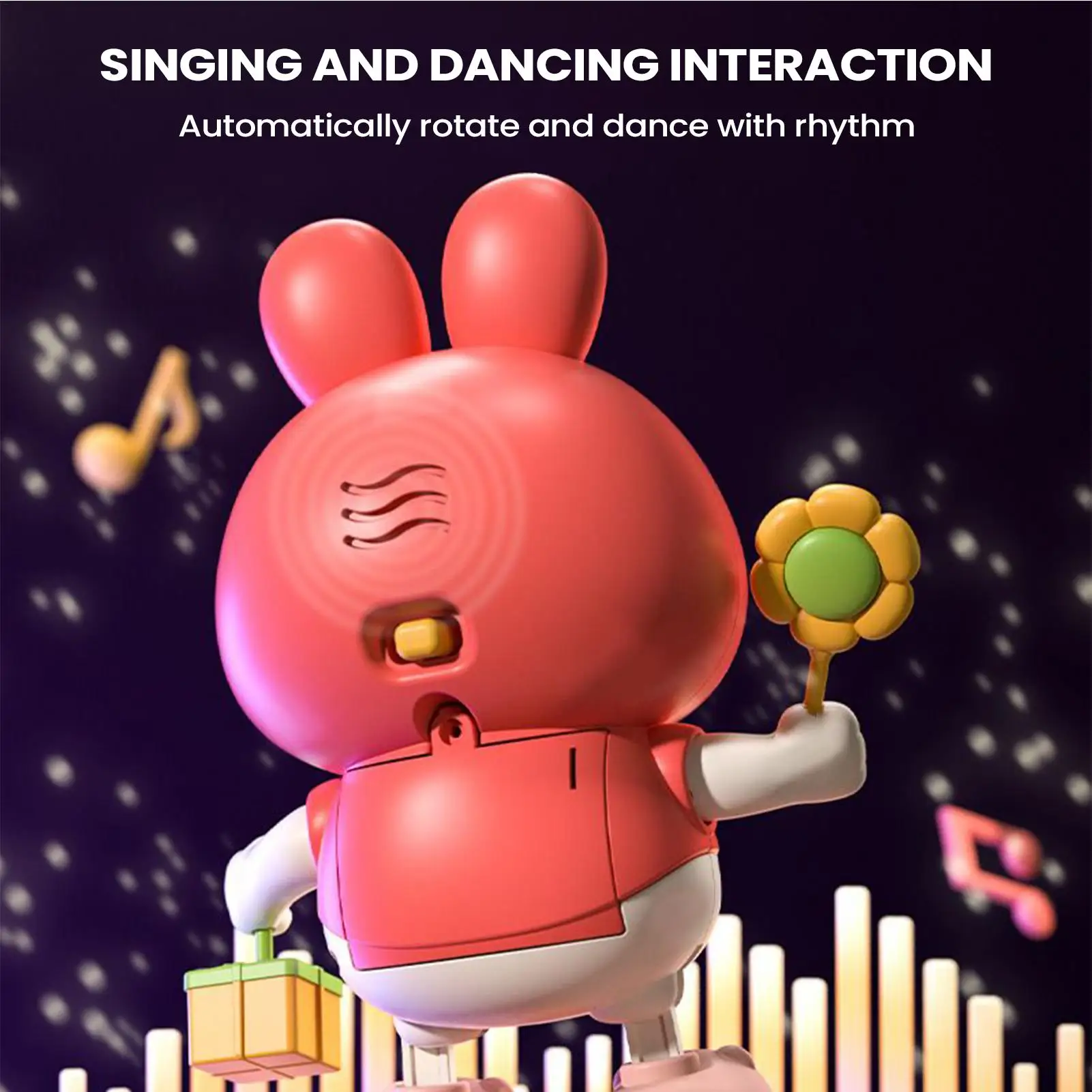 전기 춤추는 토끼 장난감 48곡 인터랙티브 펫 장난감 머리 들어올림 기능 포함 어린이 침실 놀이방 야간 조명 동반자 선물