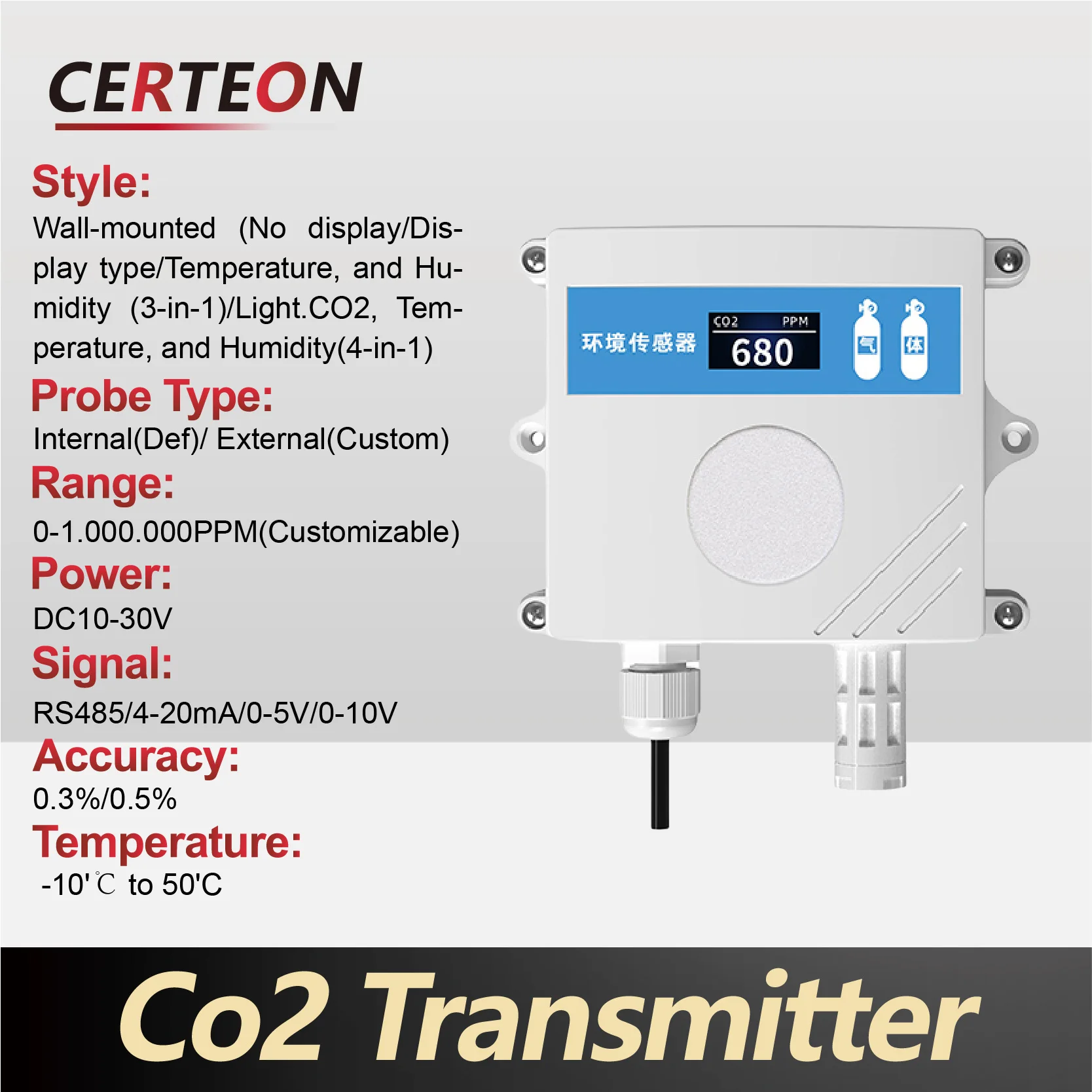 

Wall-Mounted CO2 Sensor Carbon Dioxide Detector Air Quality Monitor RS485 Analog Output NDIR CO2 Transmitter for Ventilation