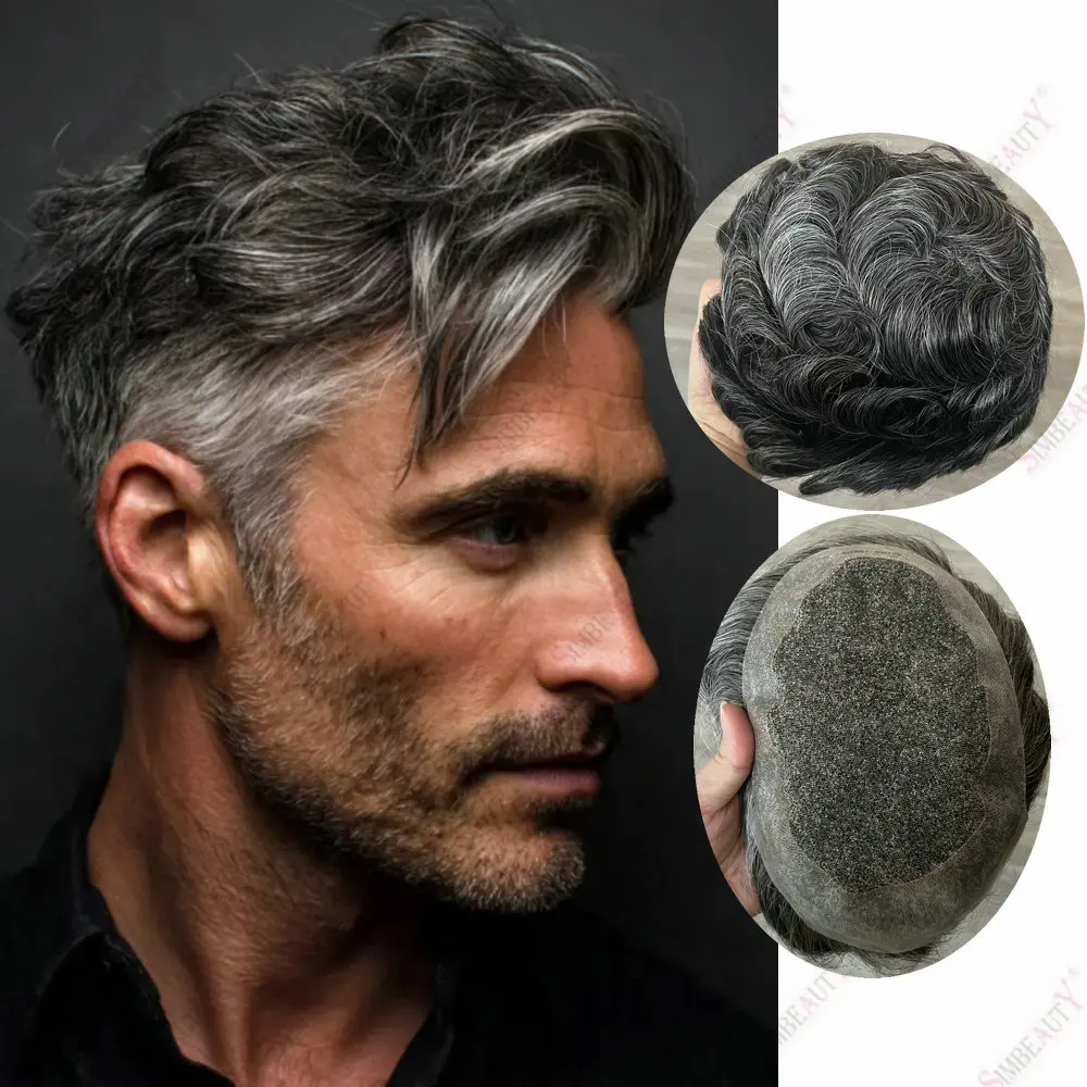 

30mm Wave Durable Strong Swiss Lace&PU Base Men Toupee Undetectable Grey 1b30 1b40Black Brown Man's Human Hair Prosthesis System