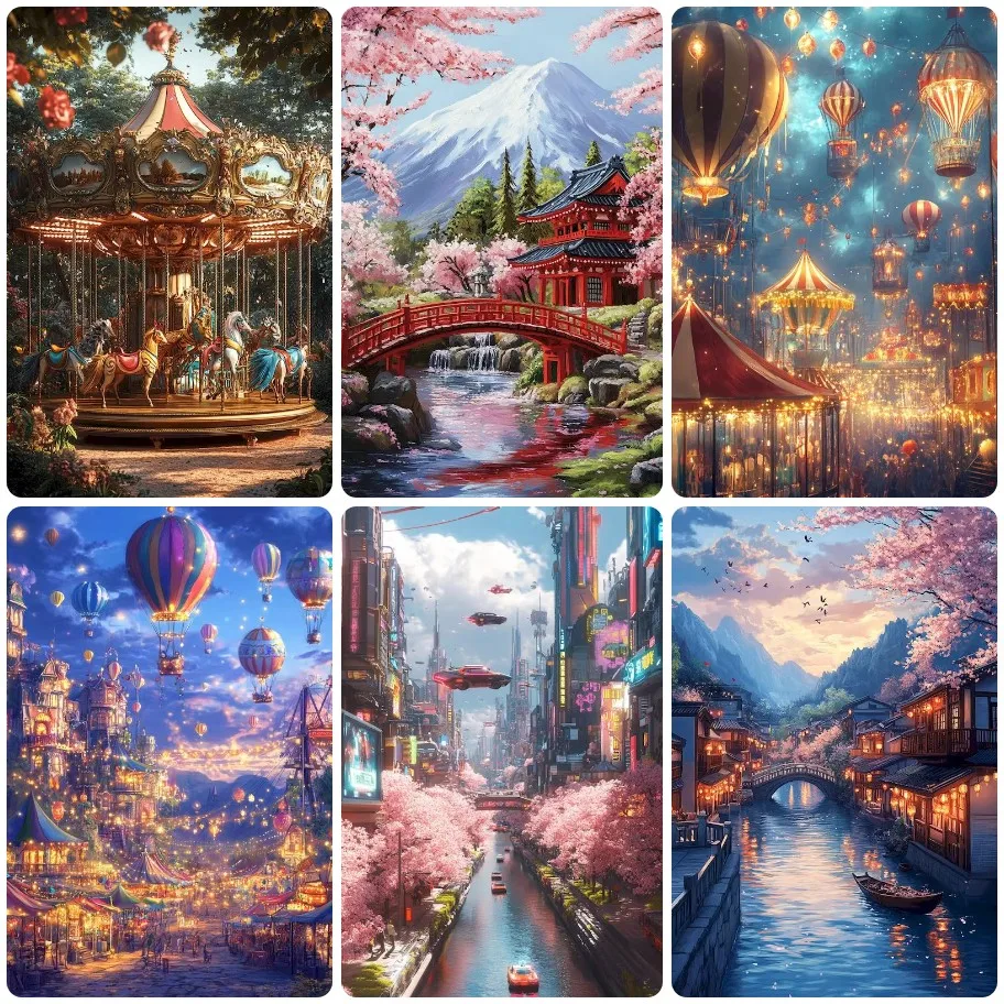 Fantasy-Vergnügungspark Sakura Town Heißluftballon Diamantmalerei, Magische Landschaft Wanddekoration für Wohnzimmer Geschenk