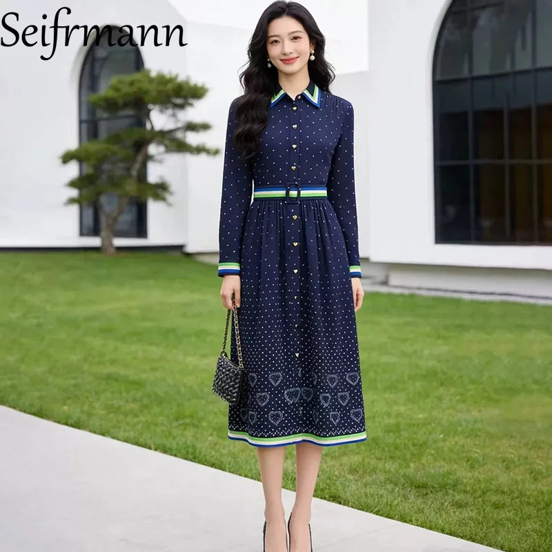 Seifrmann Contrast Color Polka Dot Shirt Dress Lapel Long Sleeve Belt Waist mid-length Dress 2026 Summer Women's New Style