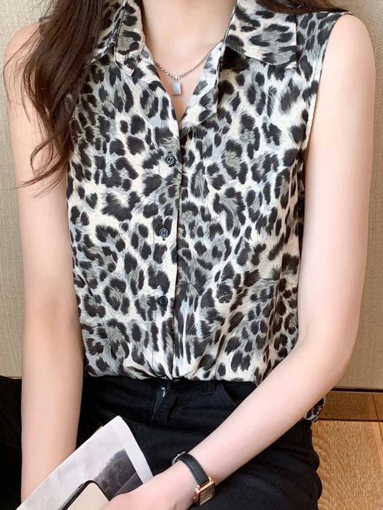 AOSSVIAO Leopard Shirts Blouses Female Blusas Casual Office OL Blouses Basice 2024 Summer Sleeveless Blouse Women Casual Tops